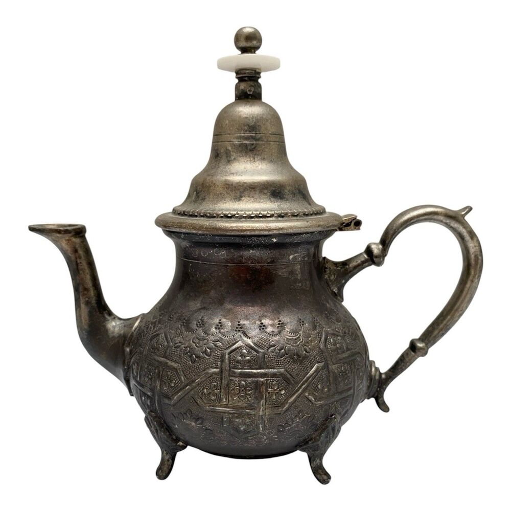 Vintage Anwar Fes Moroccan Teapot Signed Hand Engraved Silver Plated Berrad Pot